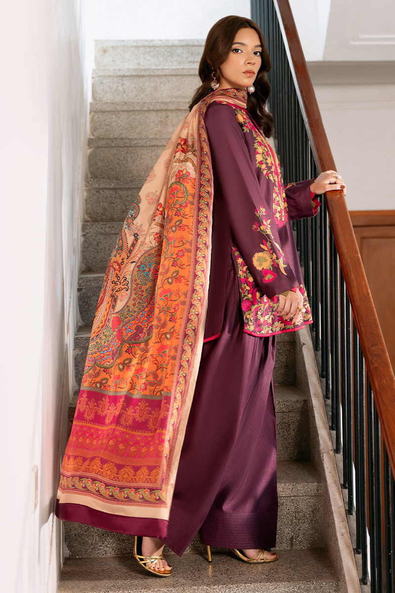 Purple Embroidered Cotton Net Salwar Kameez (3-Piece) - Image 5