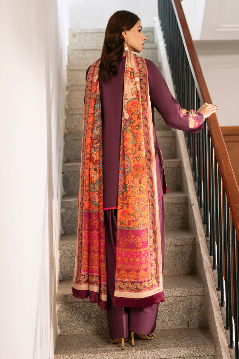 Purple Embroidered Cotton Net Salwar Kameez (3-Piece) - Image 6