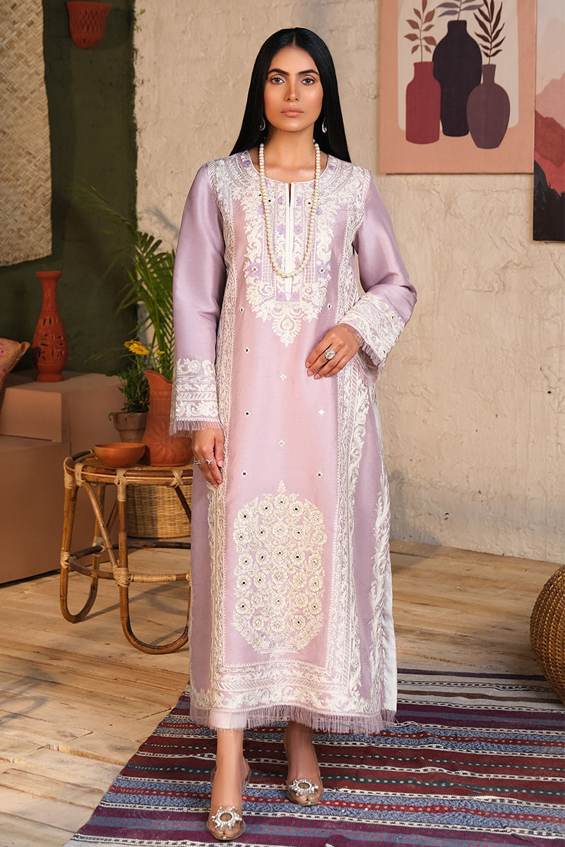 Pakistani Lilac Embroidered Cotton Net Salwar Kameez (3-Piece) - Image 1