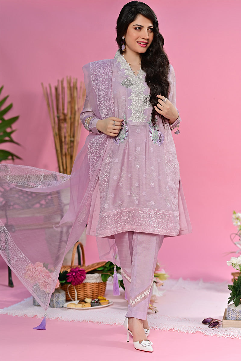 Lilac Embroidered Cotton Net Kurta Set (3-Piece) - Image 1