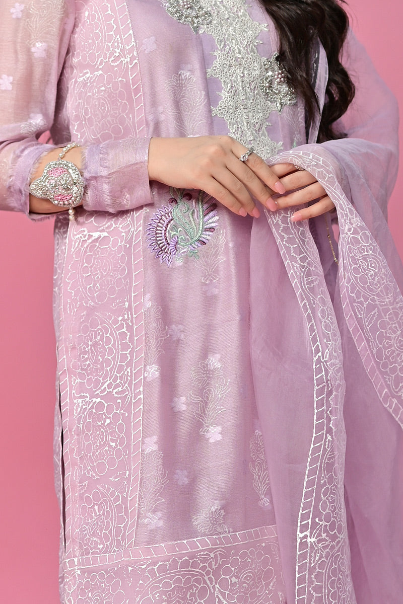 Lilac Embroidered Cotton Net Kurta Set (3-Piece) - Image 2