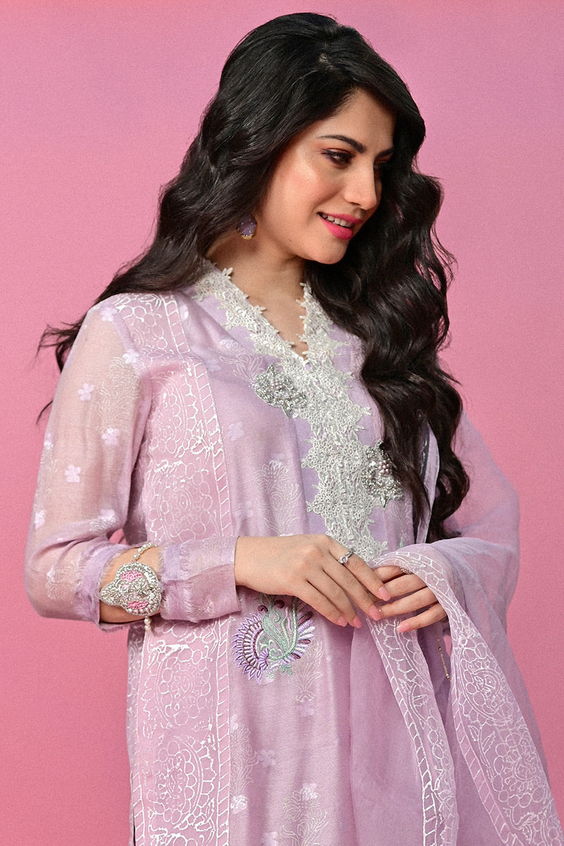 Lilac Embroidered Cotton Net Kurta Set (3-Piece) - Image 4