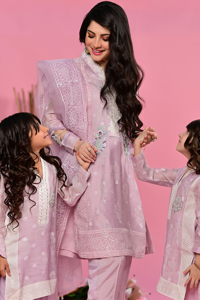 Lilac Embroidered Cotton Net Kurta Set (3-Piece) - Image 6