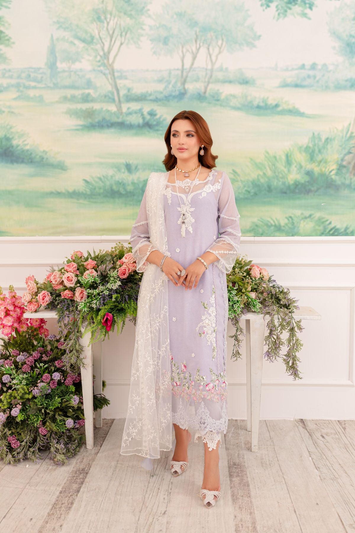 Lilac Embroidered Cotton Net Salwar Kameez (3-Piece) - Image 1