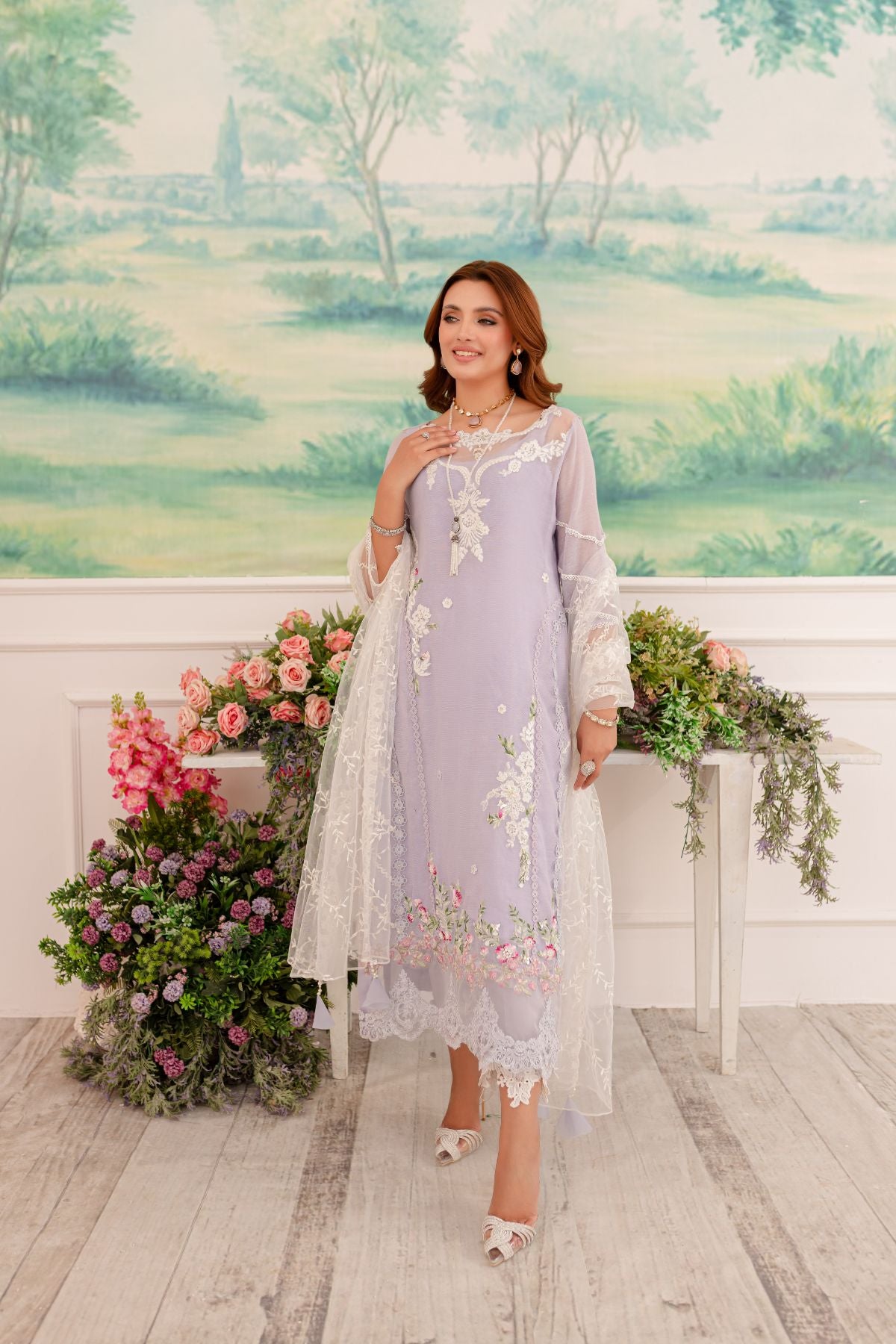 Lilac Embroidered Cotton Net Salwar Kameez (3-Piece) - Image 3