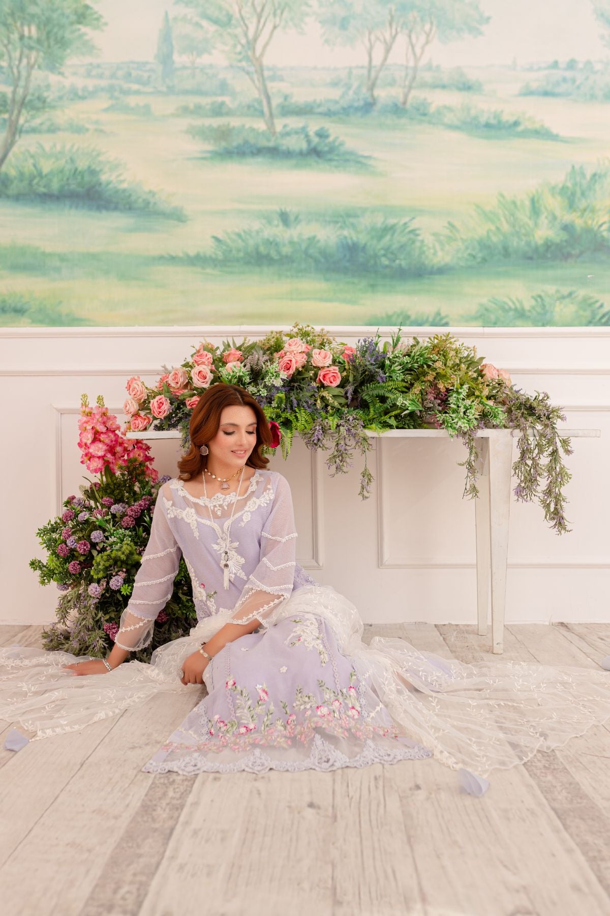 Lilac Embroidered Cotton Net Salwar Kameez (3-Piece) - Image 6