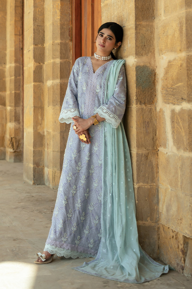 Lavender Blue Embroidered Cotton Net Salwar Kameez (3-Piece) - Image 1