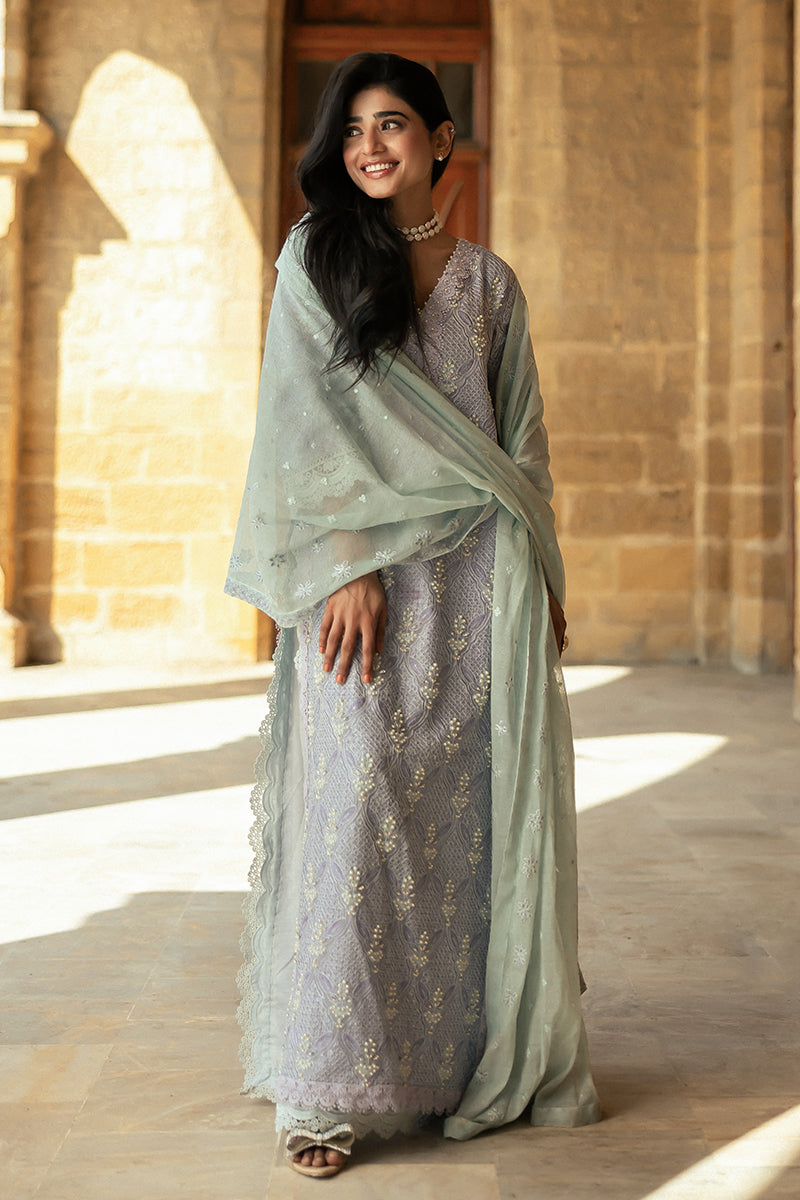 Lavender Blue Embroidered Cotton Net Salwar Kameez (3-Piece) - Image 10