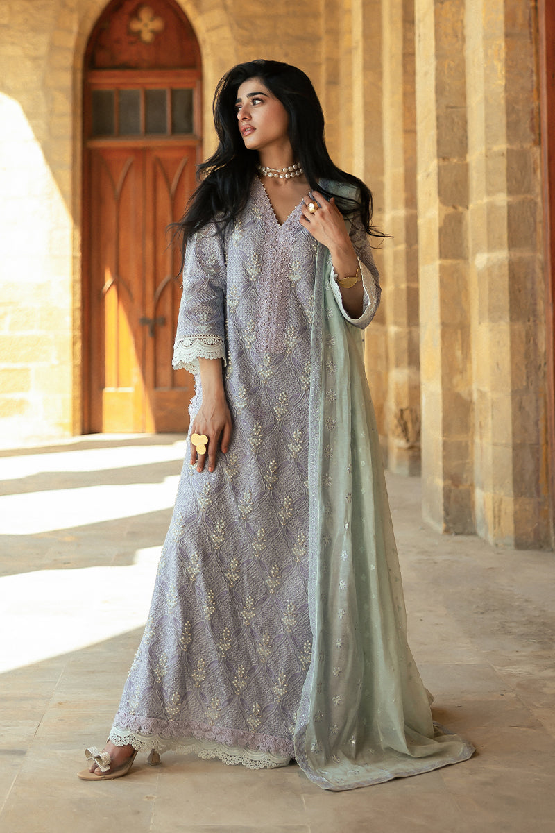 Lavender Blue Embroidered Cotton Net Salwar Kameez (3-Piece) - Image 3