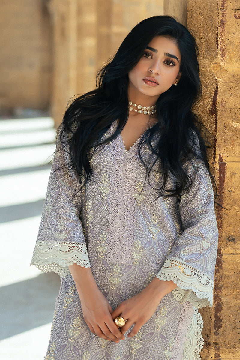 Lavender Blue Embroidered Cotton Net Salwar Kameez (3-Piece) - Image 4