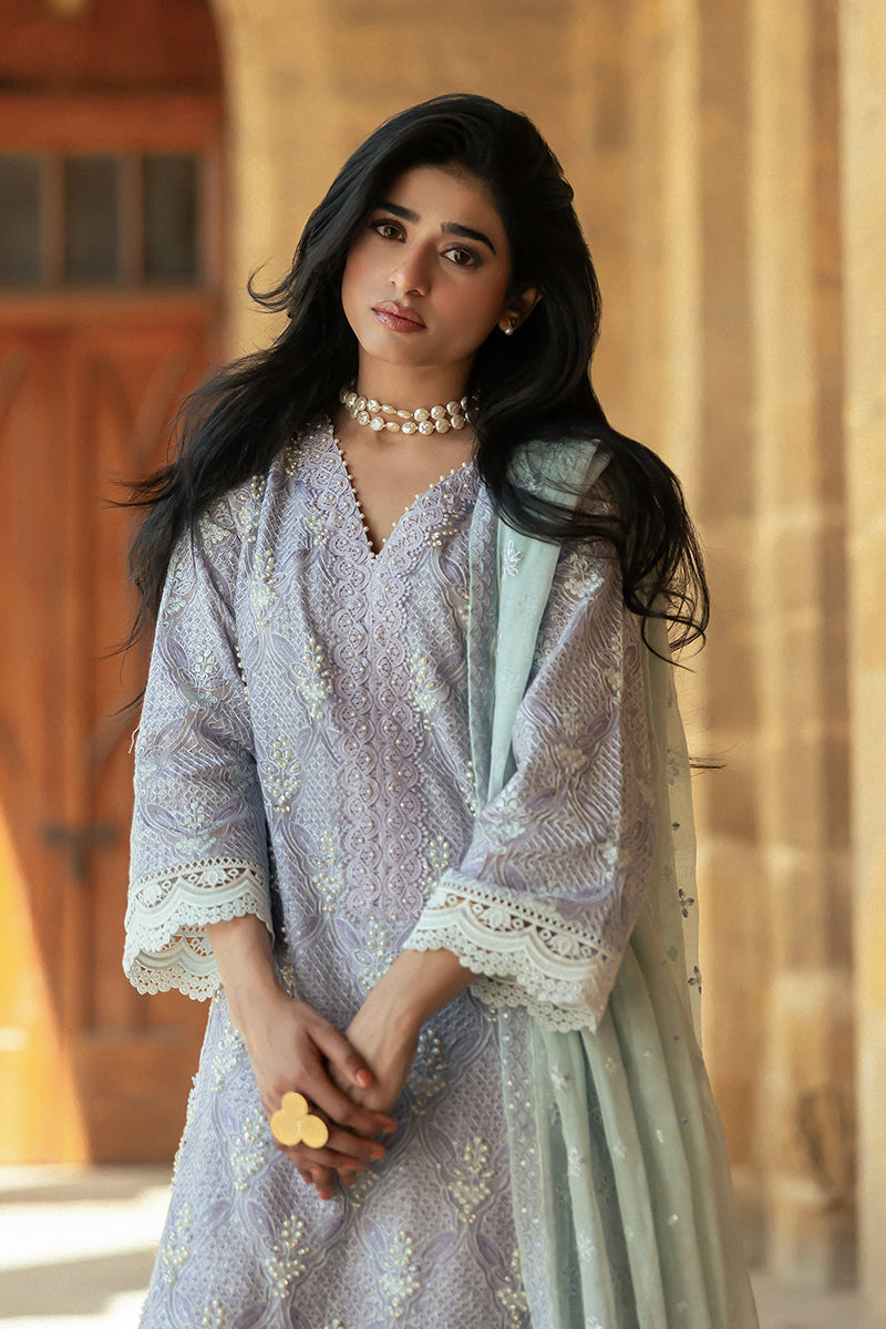 Lavender Blue Embroidered Cotton Net Salwar Kameez (3-Piece) - Image 8