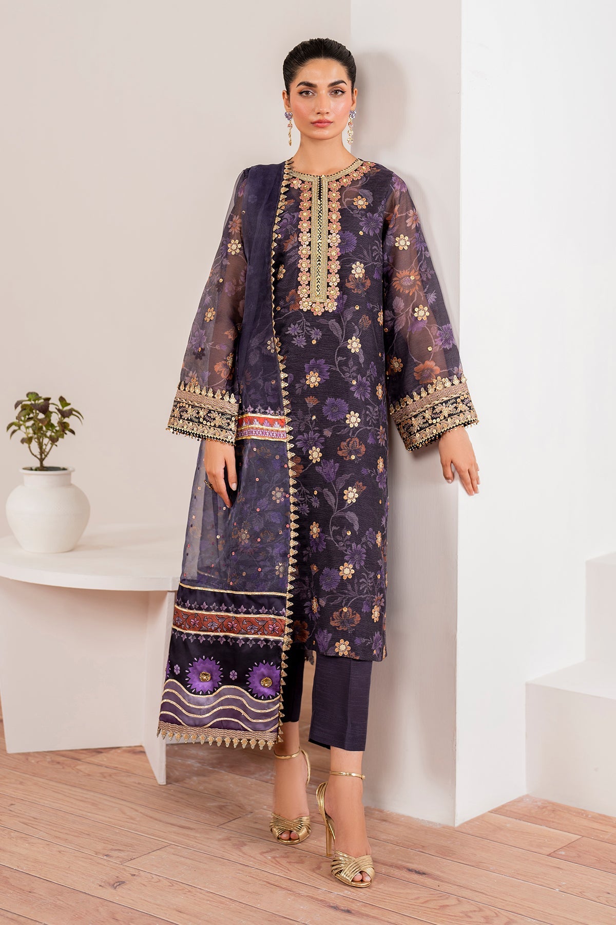 Deep Purple Embroidered Cotton Net 3-Piece Suit - Image 1