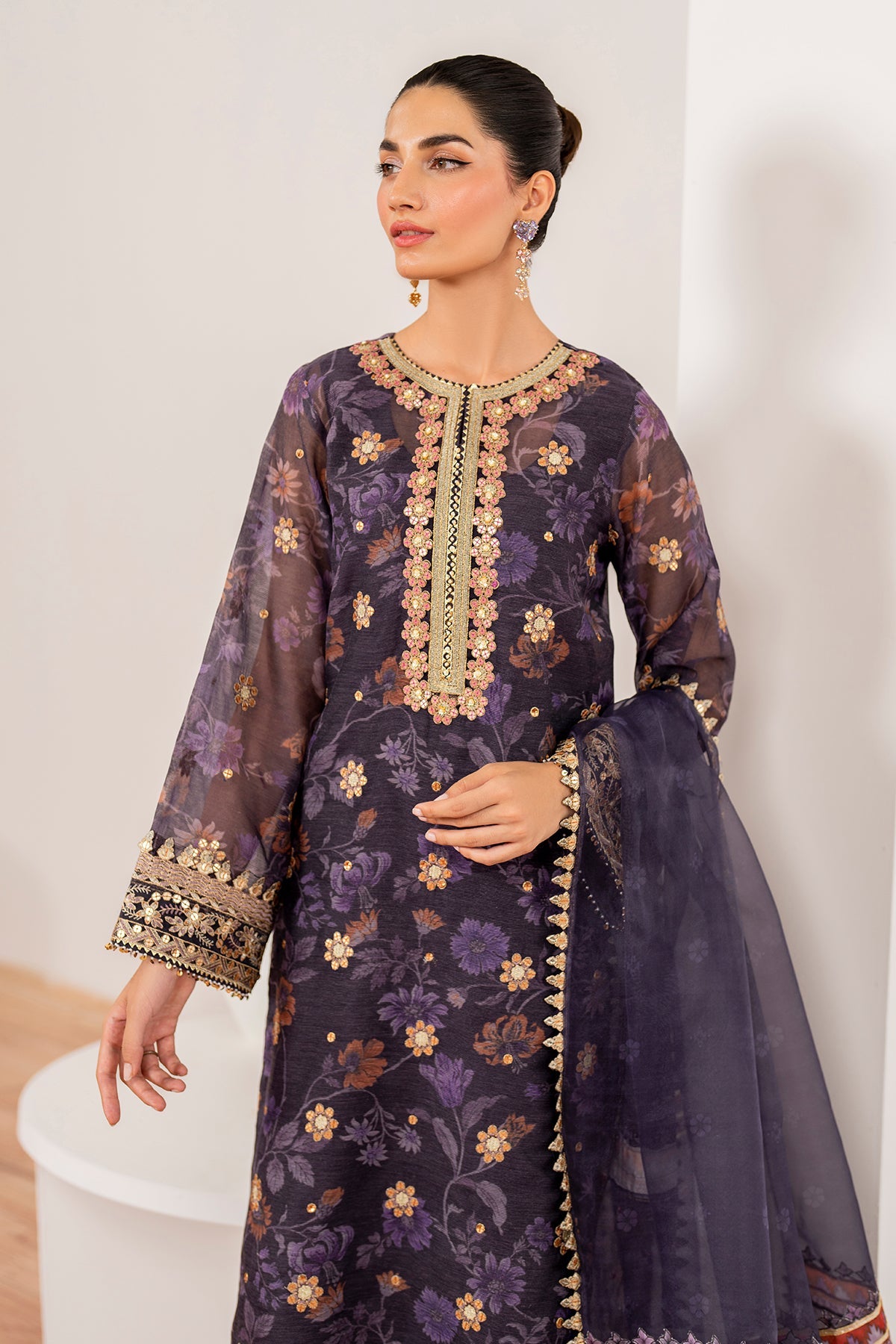 Deep Purple Embroidered Cotton Net 3-Piece Suit - Image 4