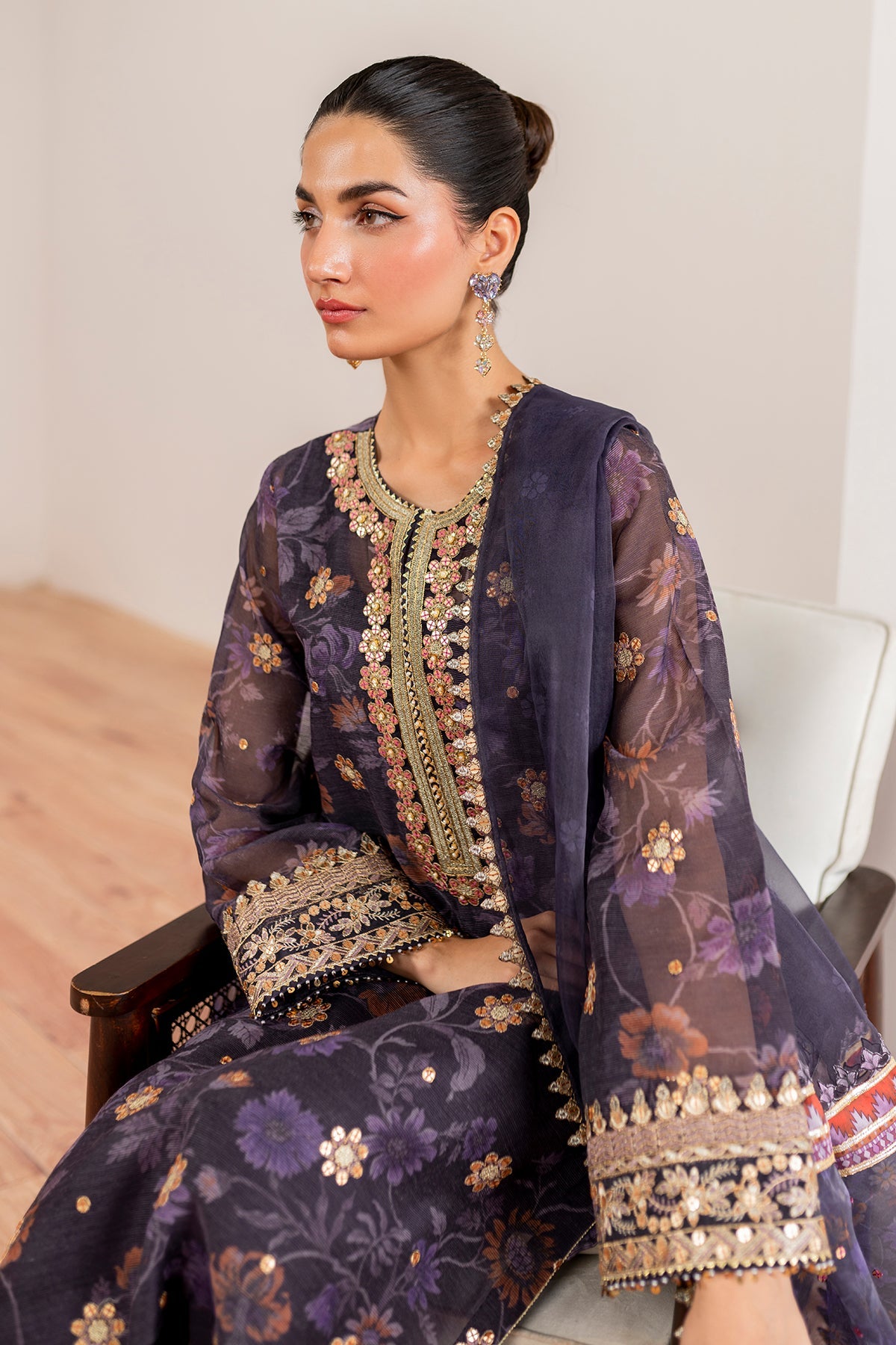 Deep Purple Embroidered Cotton Net 3-Piece Suit - Image 5