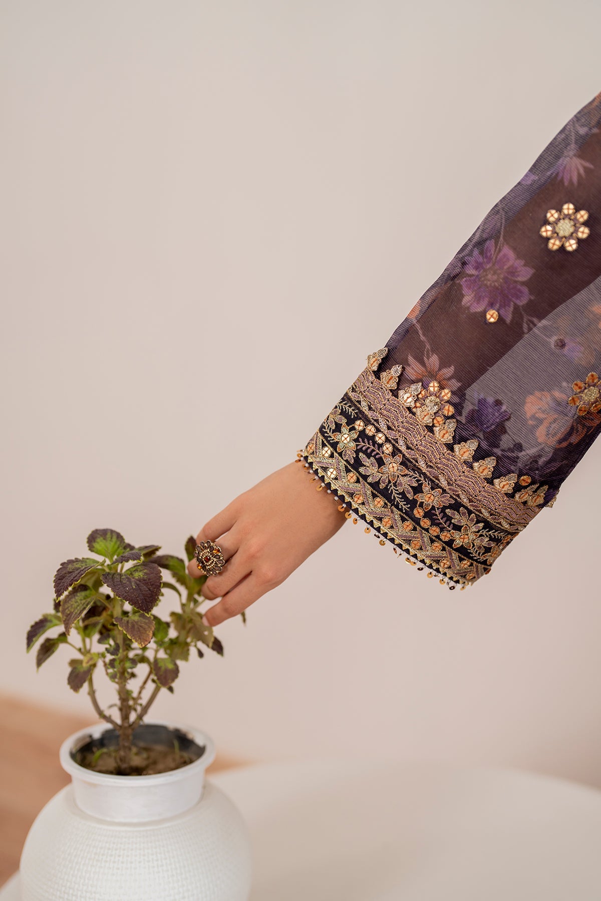 Deep Purple Embroidered Cotton Net 3-Piece Suit - Image 6