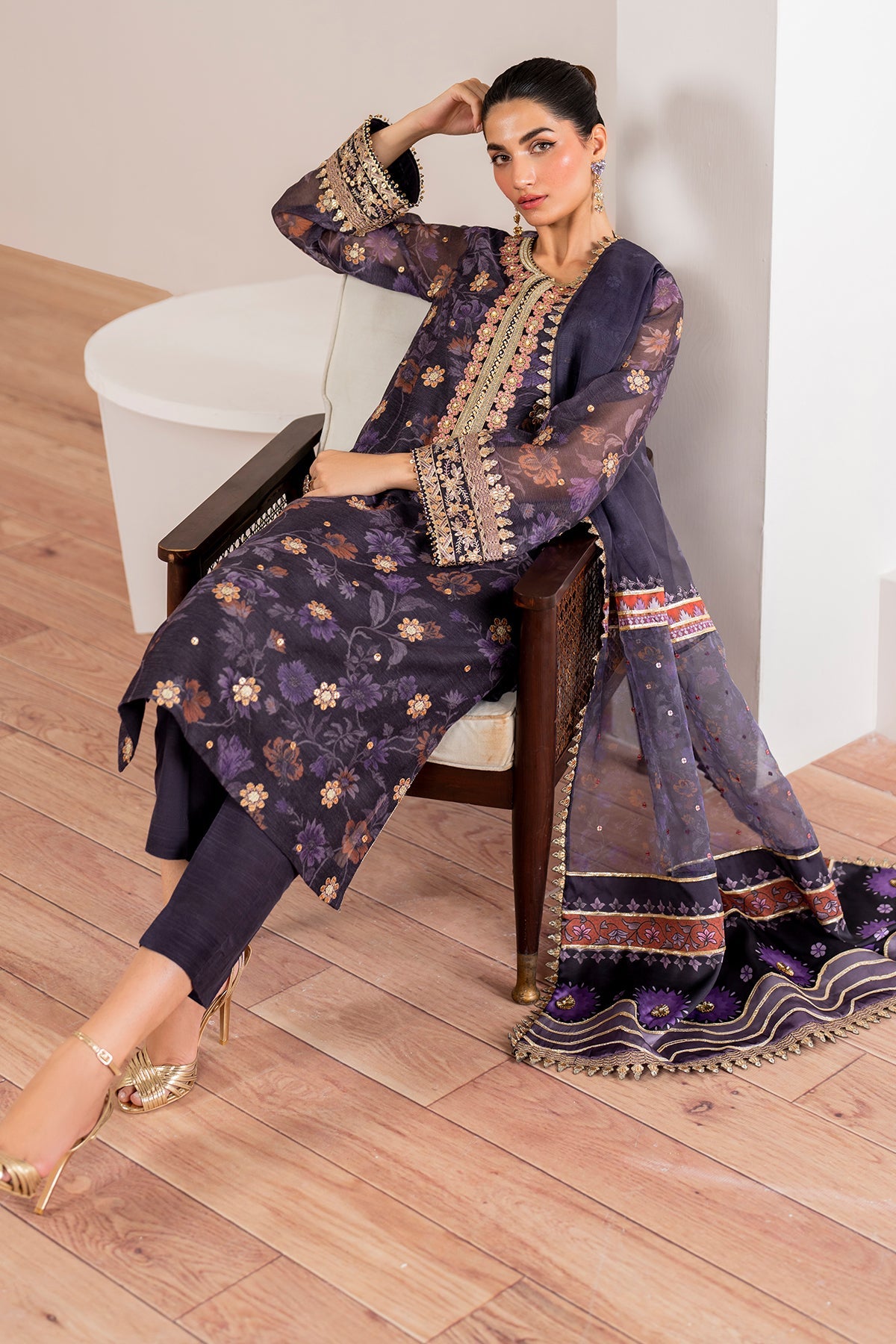 Deep Purple Embroidered Cotton Net 3-Piece Suit - Image 7