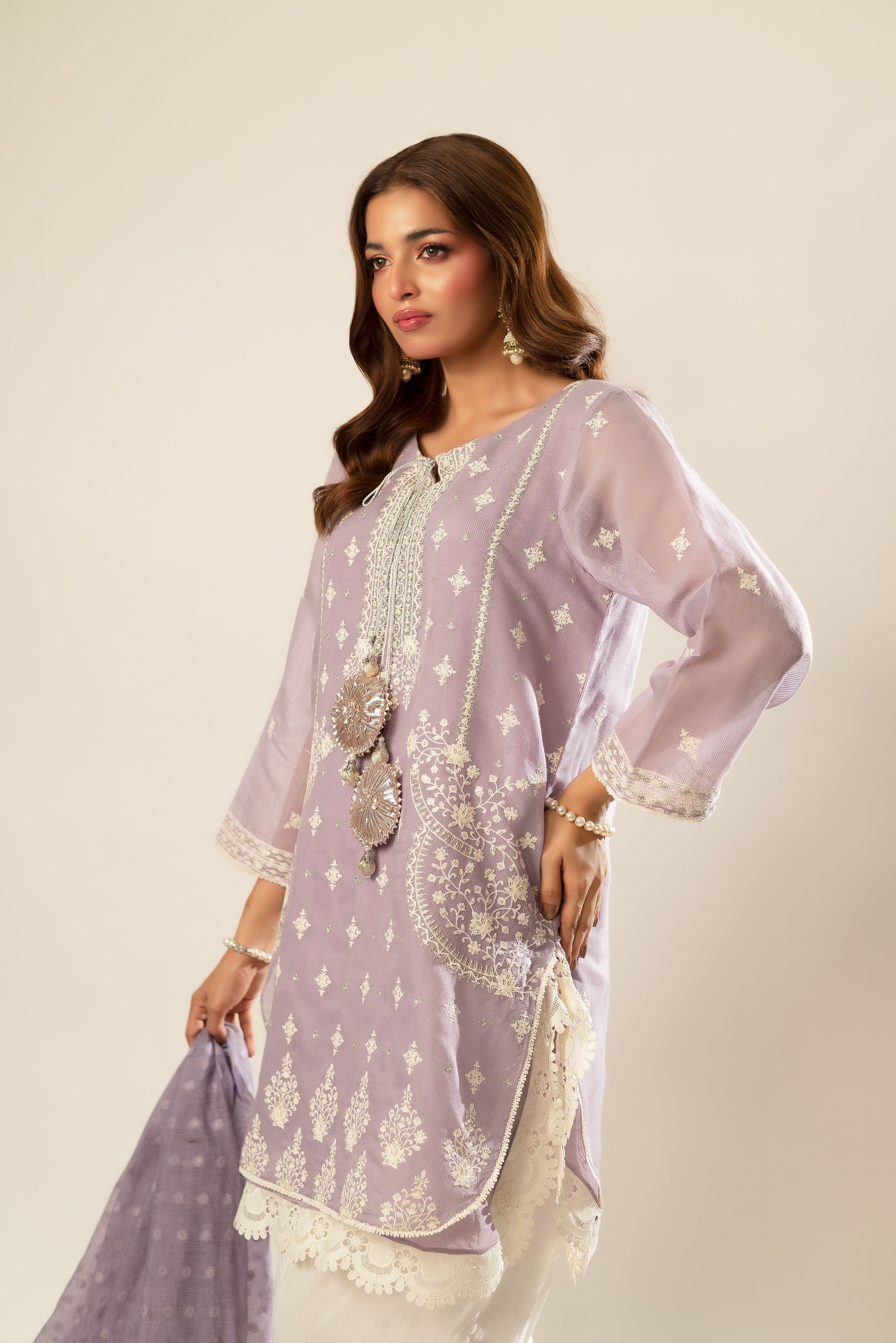 Pakistani Lavender Embroidered Cotton Net Kurta (2-Piece) - Image 1