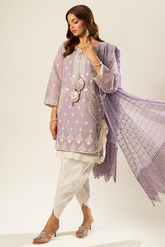 Pakistani Lavender Embroidered Cotton Net Kurta (2-Piece) - Image 2