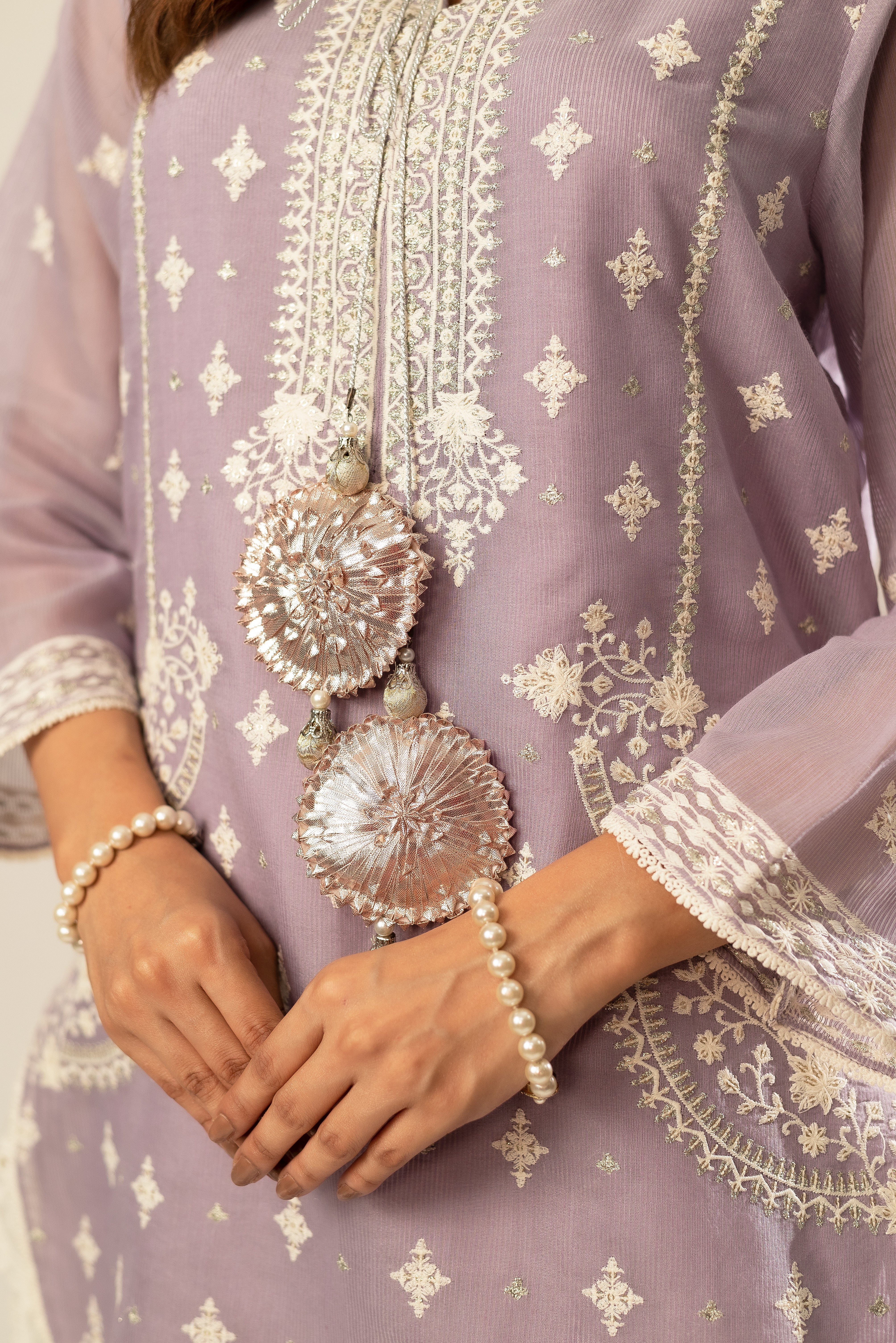 Pakistani Lavender Embroidered Cotton Net Kurta (2-Piece) - Image 3