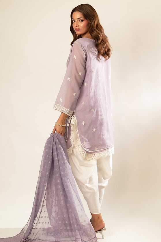 Pakistani Lavender Embroidered Cotton Net Kurta (2-Piece) - Image 4