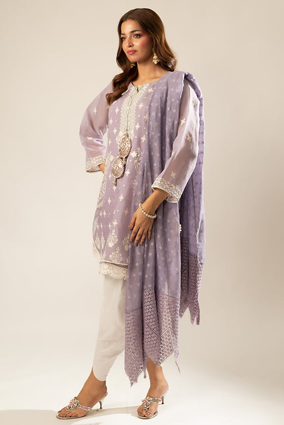 Pakistani Lavender Embroidered Cotton Net Kurta (2-Piece) - Image 5