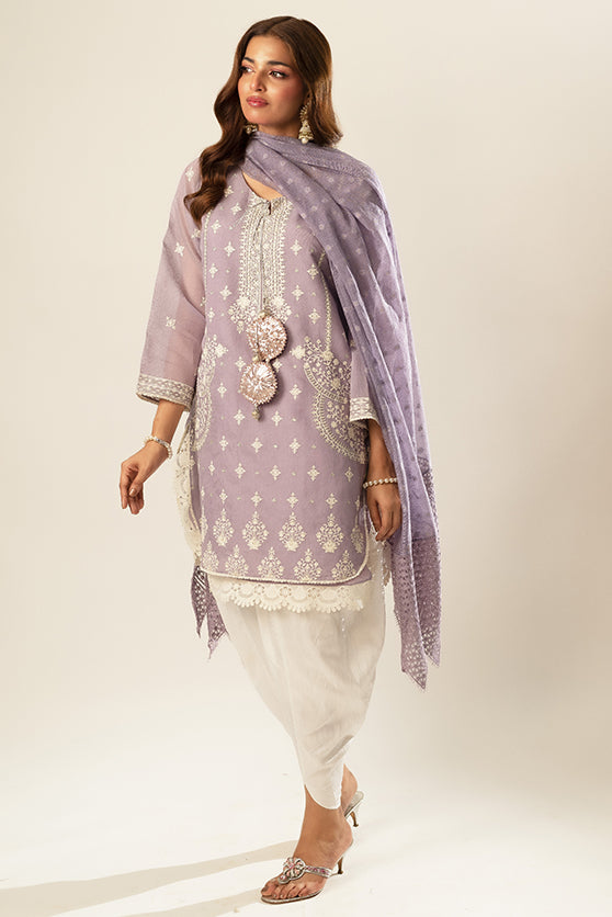 Pakistani Lavender Embroidered Cotton Net Kurta (2-Piece) - Image 6