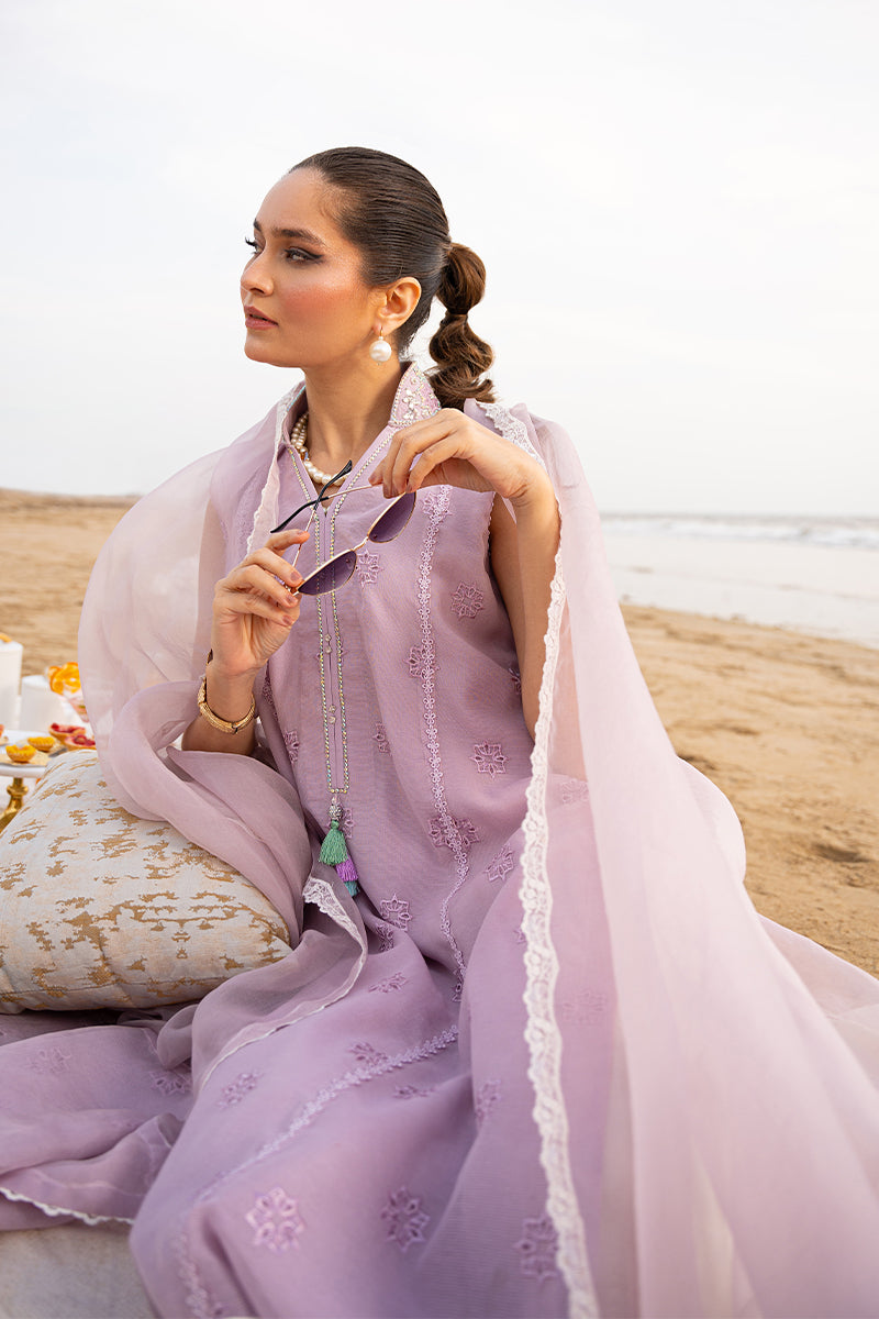 Lilac Embroidered Cotton Organza Salwar Kameez (3-Piece) - Image 10