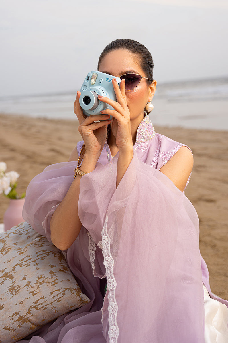 Lilac Embroidered Cotton Organza Salwar Kameez (3-Piece) - Image 9