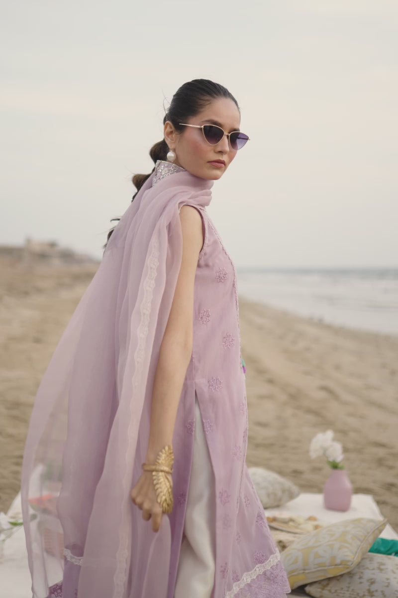 Lilac Embroidered Cotton Organza Salwar Kameez (3-Piece) - Image 11
