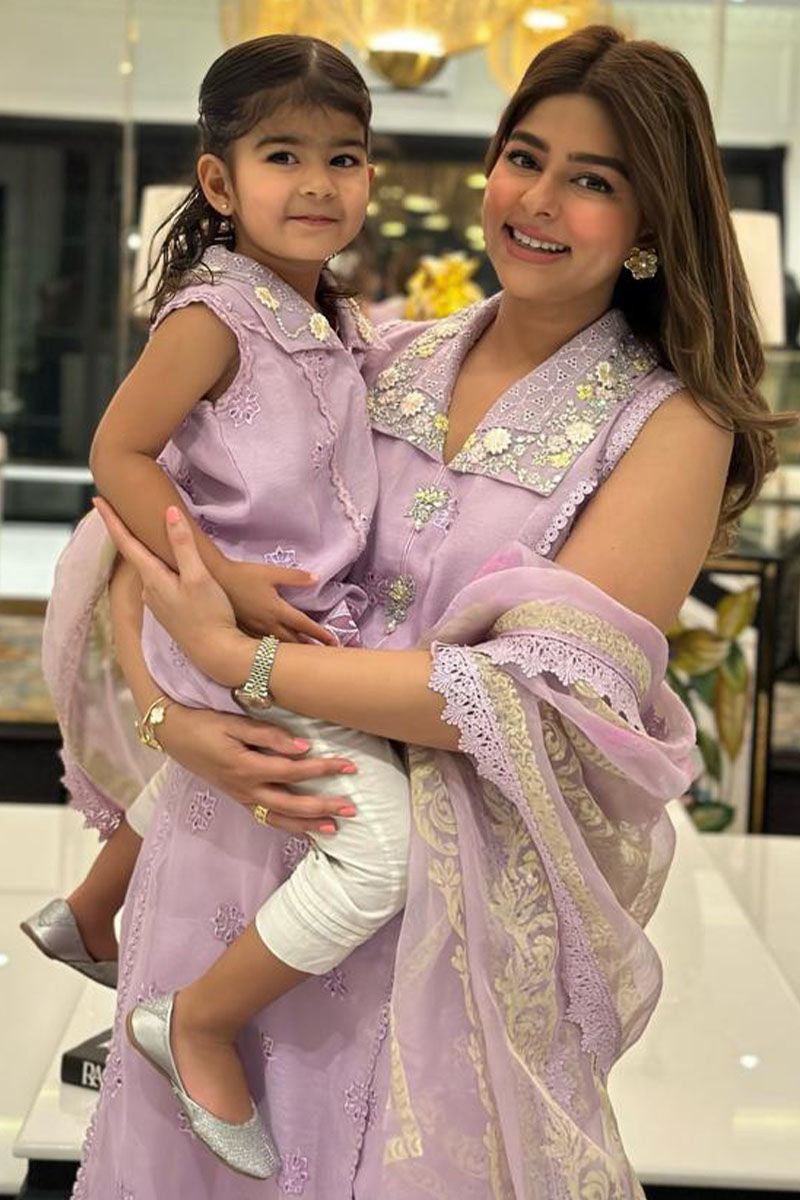 Pakistani Lilac Schiffli Cotton Organza Salwar Kameez (3-Piece) - Image 2