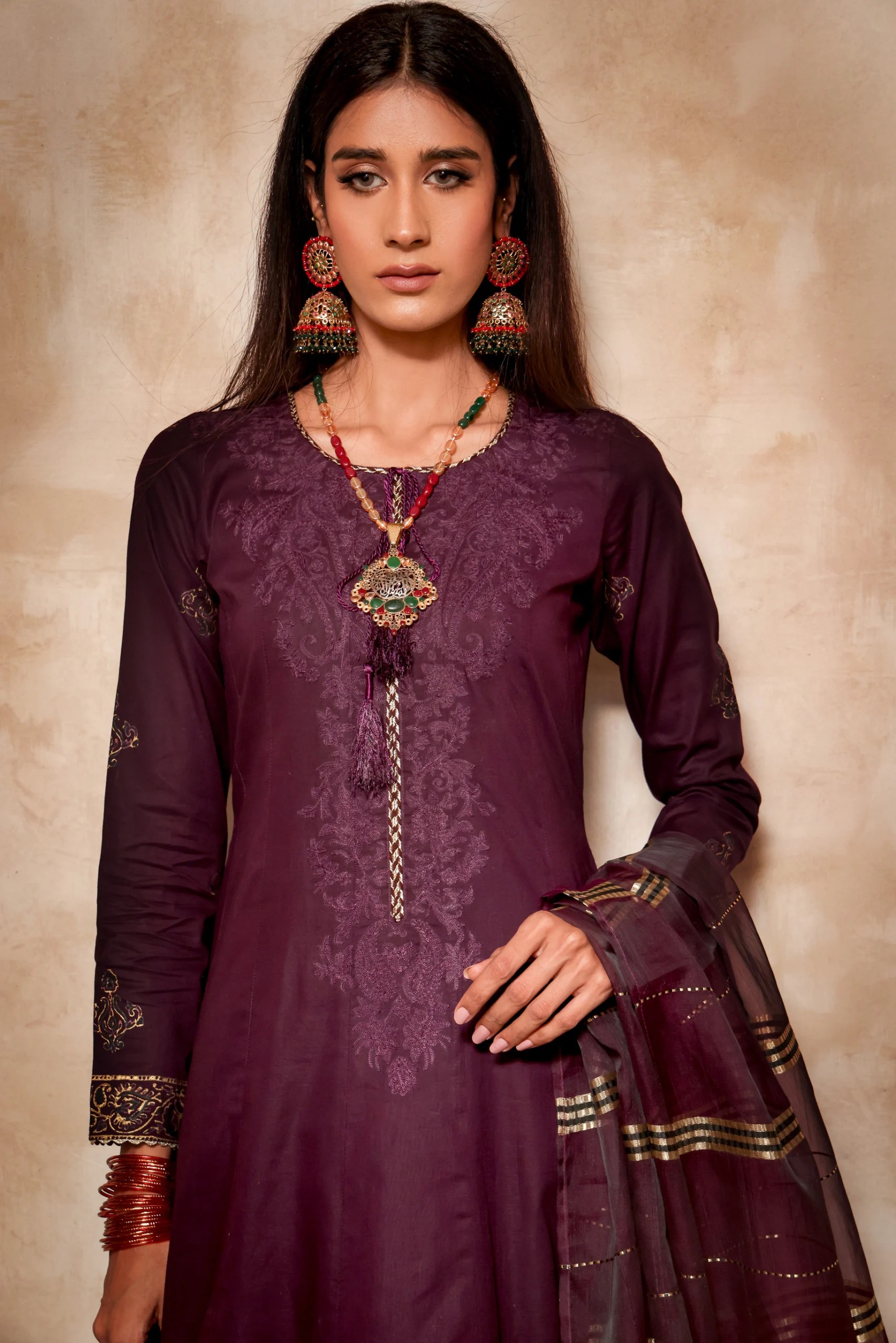 Plum Purple Block Print Cotton & Raw Silk Dress (3-Piece) - Image 1