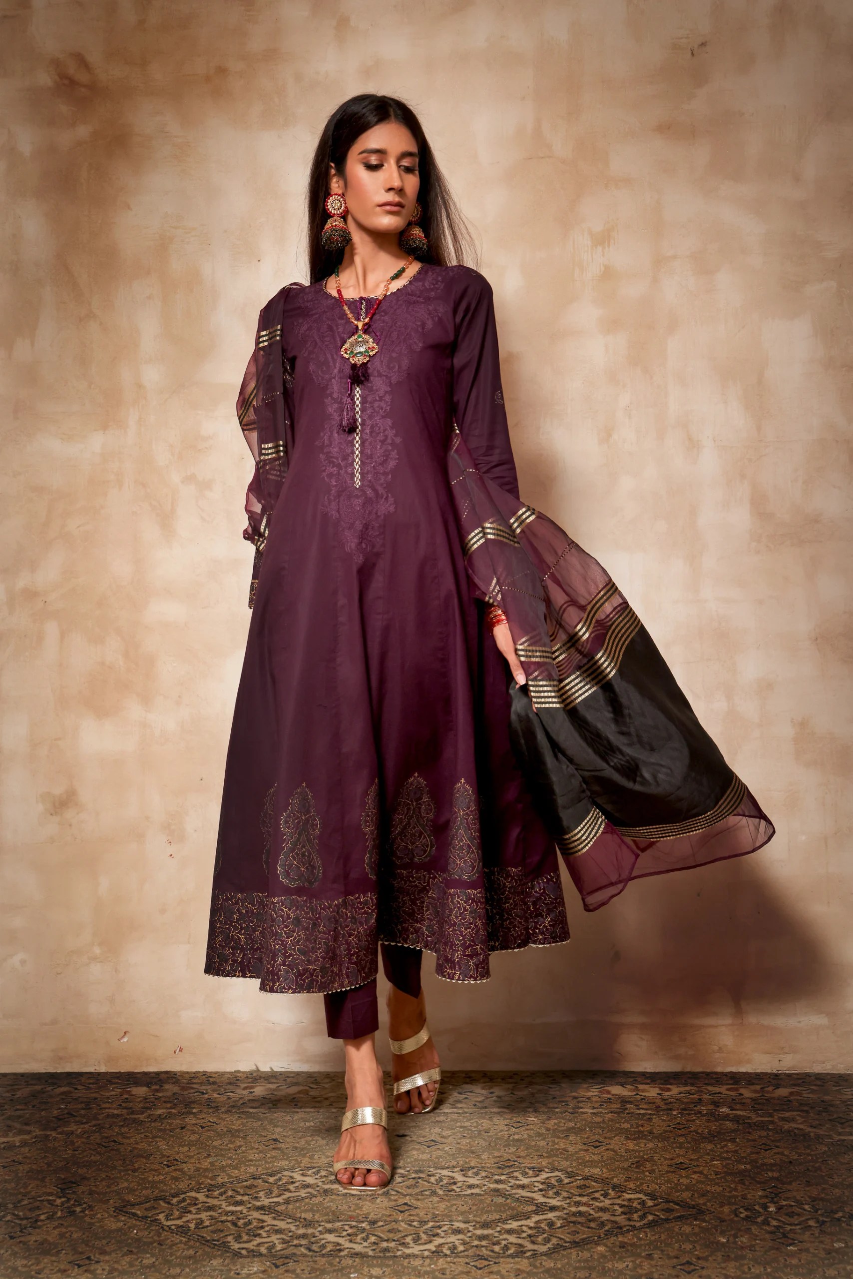 Plum Purple Block Print Cotton & Raw Silk Dress (3-Piece) - Image 2