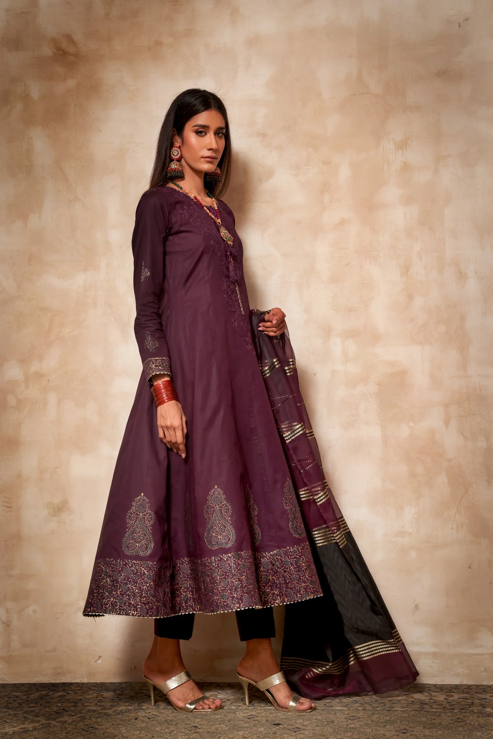 Plum Purple Block Print Cotton & Raw Silk Dress (3-Piece) - Image 3
