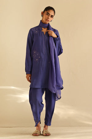 Purple 3D Embroidered Cotton Silk Salwar Kameez (3-Piece) - Image 2