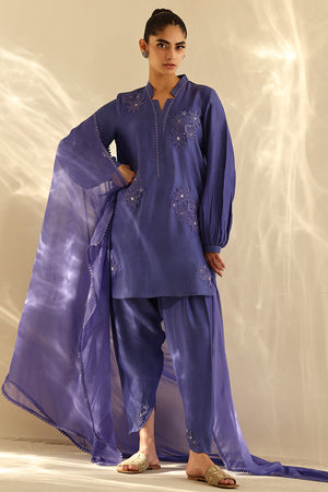 Purple 3D Embroidered Cotton Silk Salwar Kameez (3-Piece) - Image 5