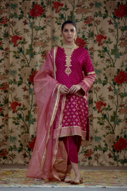 Purple Hand-Embellished Cotton Silk Kurta (3-Piece) - Image 1