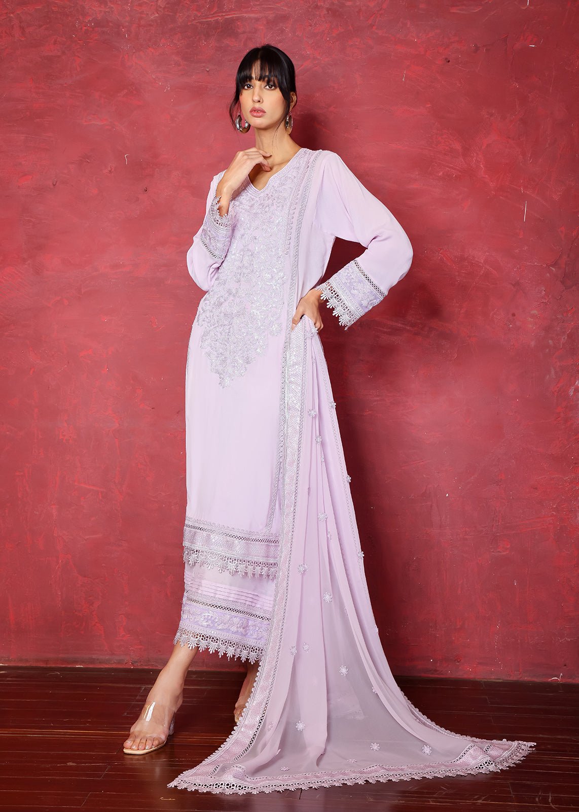 Purple Dori Embroidered Crepe Kurta Set (3-Piece) - Image 1