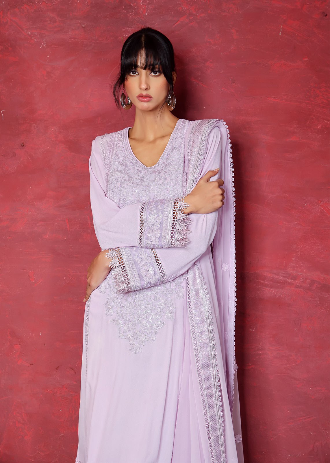 Purple Dori Embroidered Crepe Kurta Set (3-Piece) - Image 2