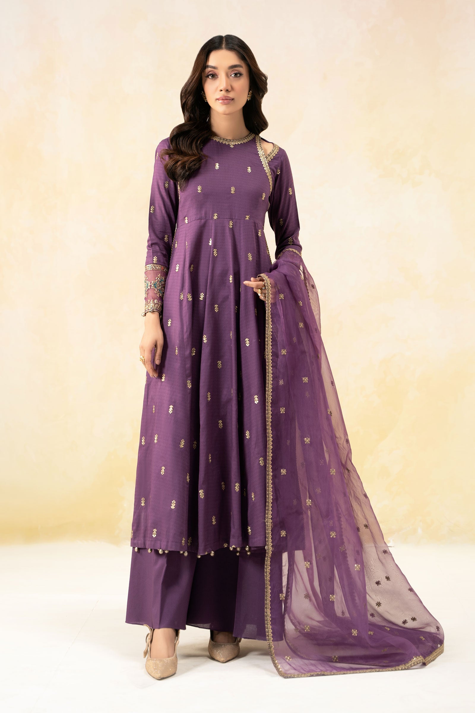 Pakistani Purple Embroidered Dobby Lawn Salwar Kameez (3-Piece) - Image 1
