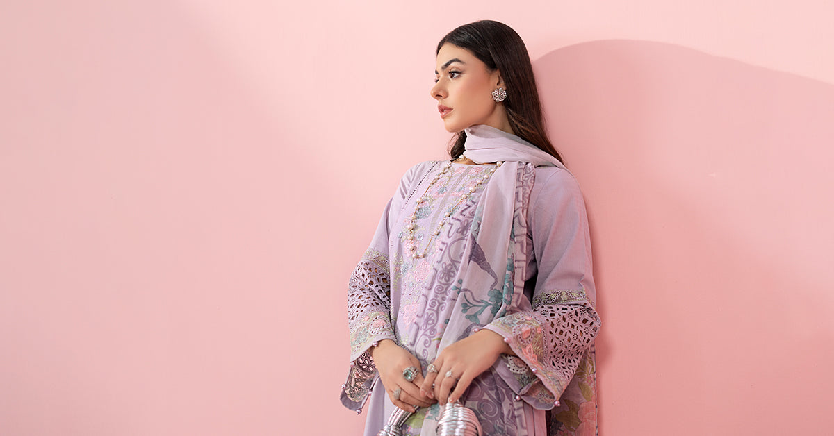 Pakistani Lilac Embroidered Dobby Salwar Kameez (3-Piece) - Image 6