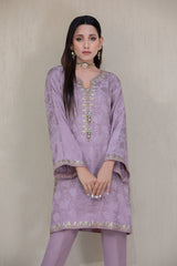 Lilac Embroidered Embossed Silk Kurta & Pants (2-Piece) - Image 3