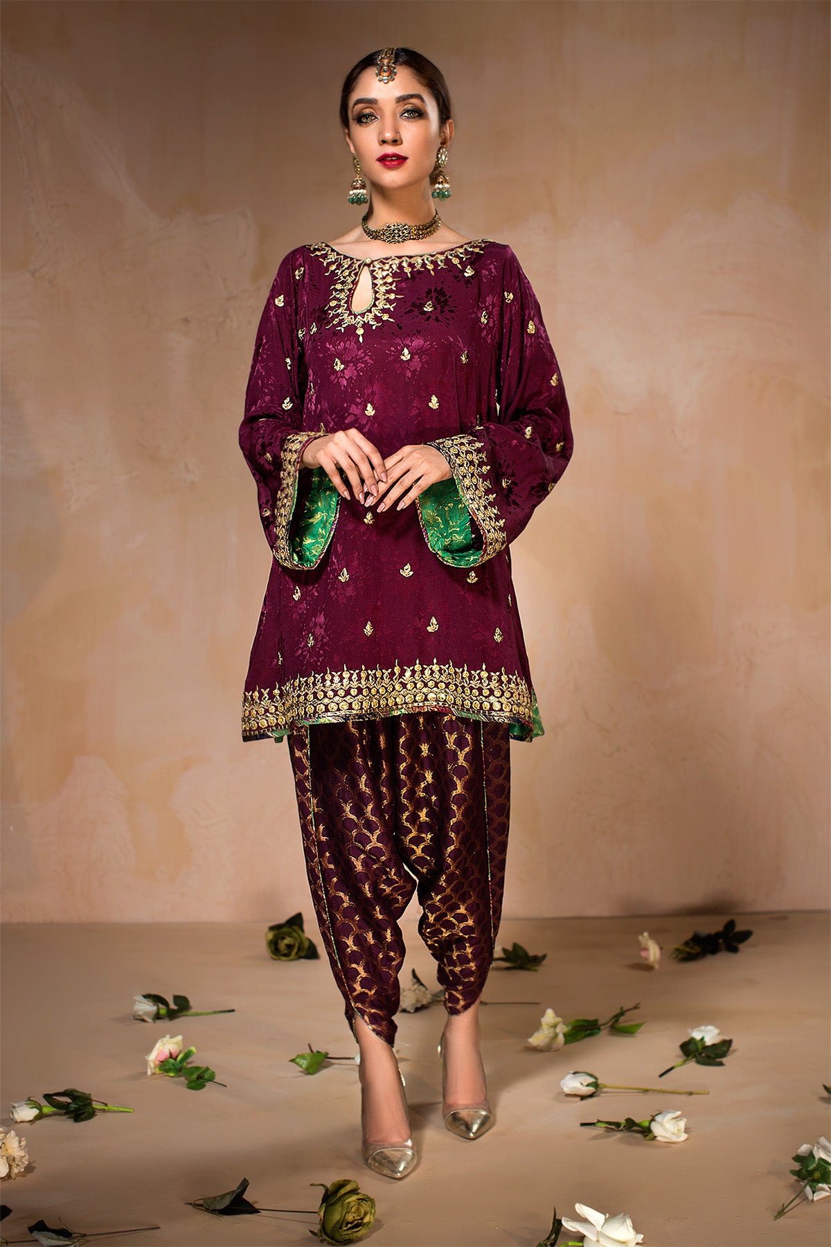 Plum Gota Embossed Silk Salwar Kameez (2-Piece) - Image 1