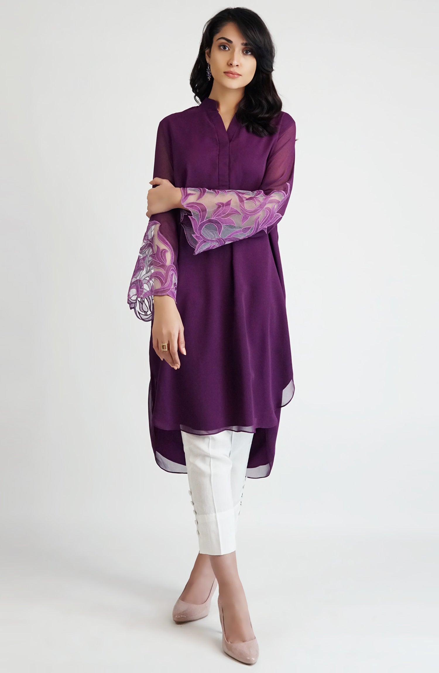 Plum Floral Appliqué Georgette High-Low Tunic (2-Piece) - Image 2