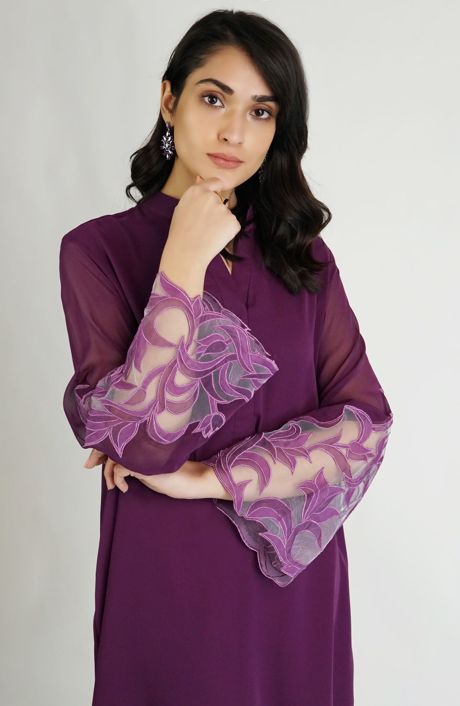 Plum Floral Appliqué Georgette High-Low Tunic (2-Piece) - Image 3