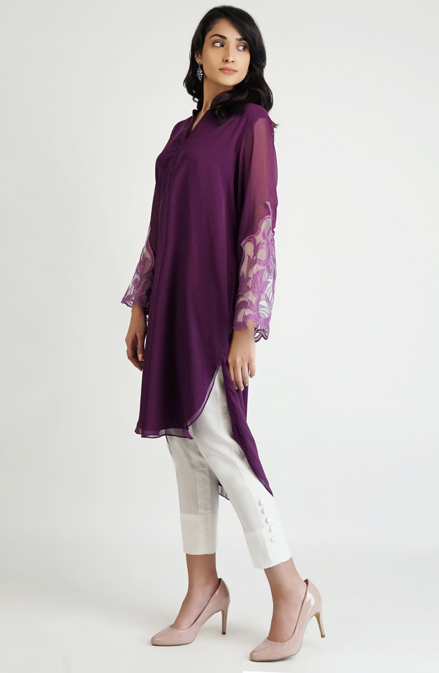 Plum Floral Appliqué Georgette High-Low Tunic (2-Piece) - Image 4