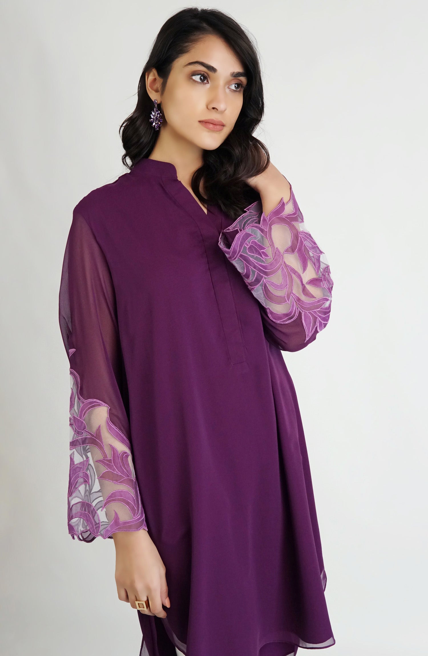 Plum Floral Appliqué Georgette High-Low Tunic (2-Piece) - Image 5