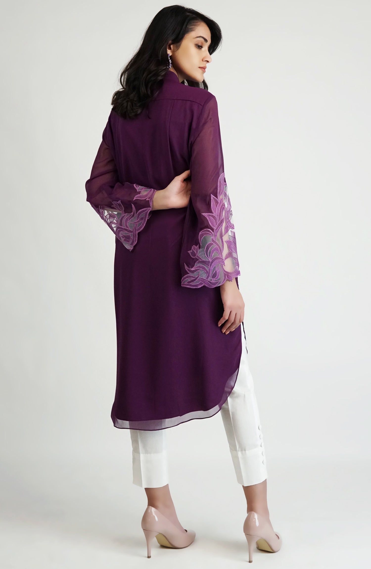 Plum Floral Appliqué Georgette High-Low Tunic (2-Piece) - Image 6