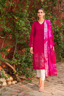 Plum Laser-Cut Georgette Salwar Kameez (3-Piece) - Image 1