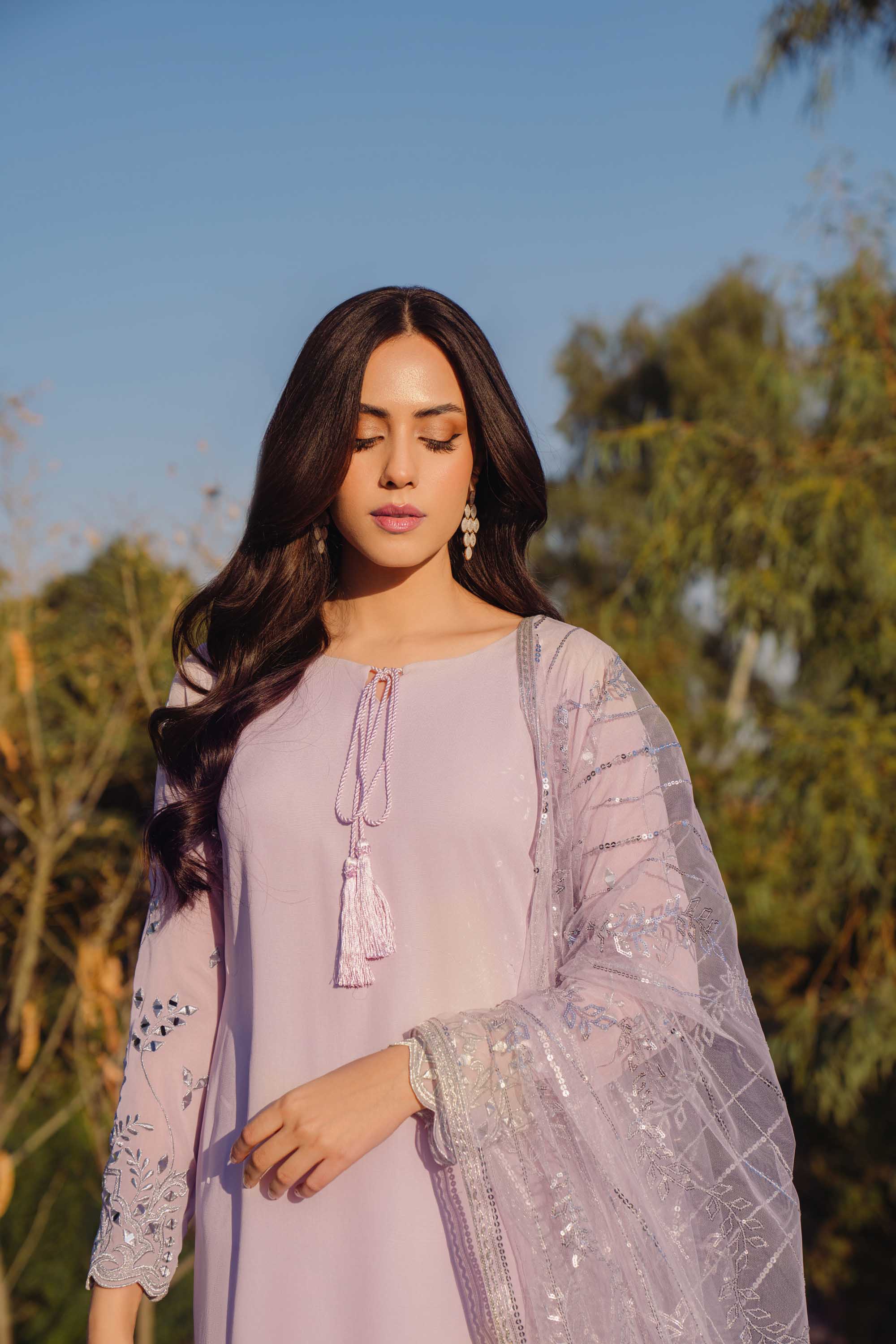 Pakistani Lilac Silver Tilla Georgette Salwar Kameez (3-Piece) - Image 3