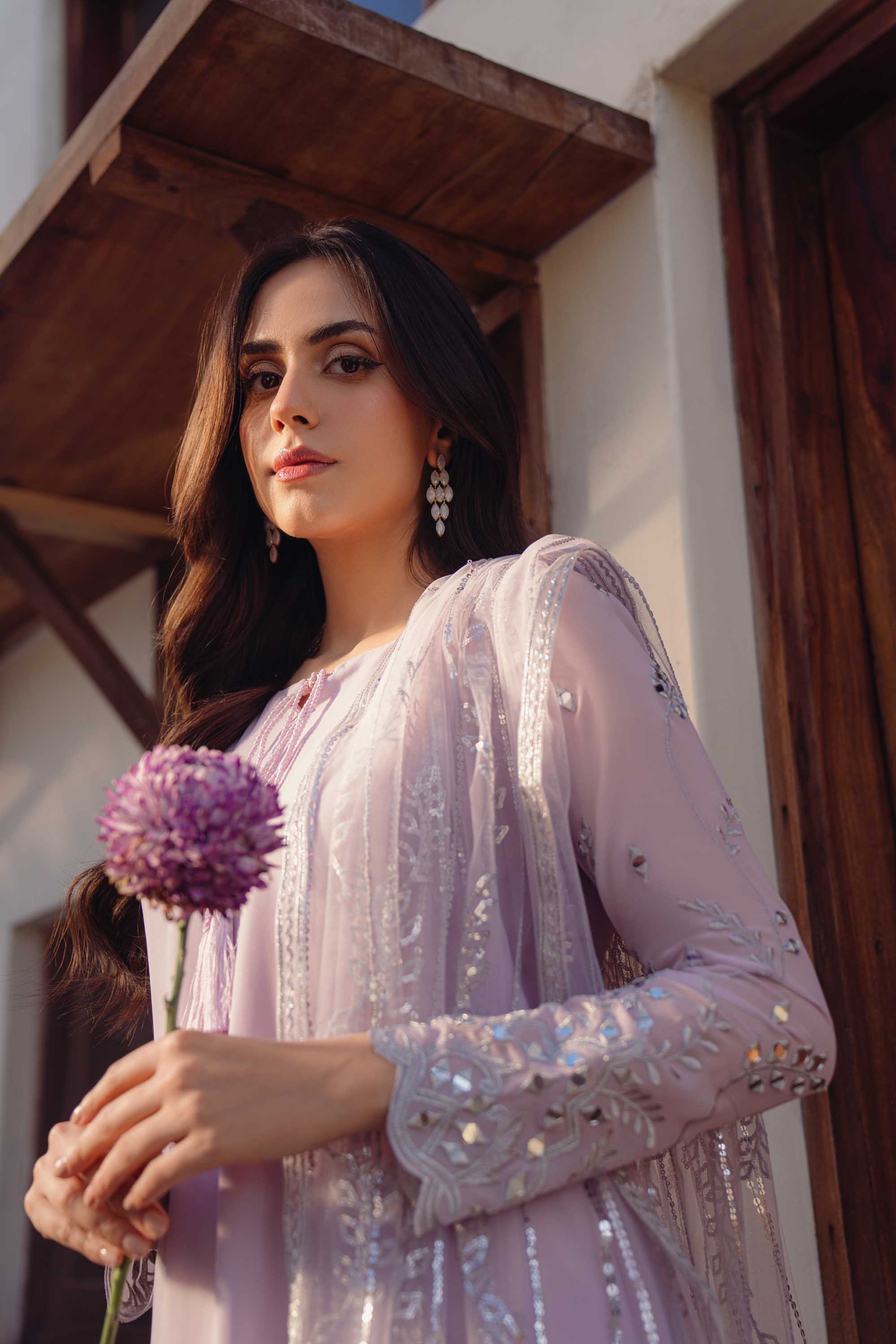 Pakistani Lilac Silver Tilla Georgette Salwar Kameez (3-Piece) - Image 5